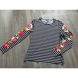 Lands End Womens Stripe & Floral Long Sleeve Top XS Petite Black/White